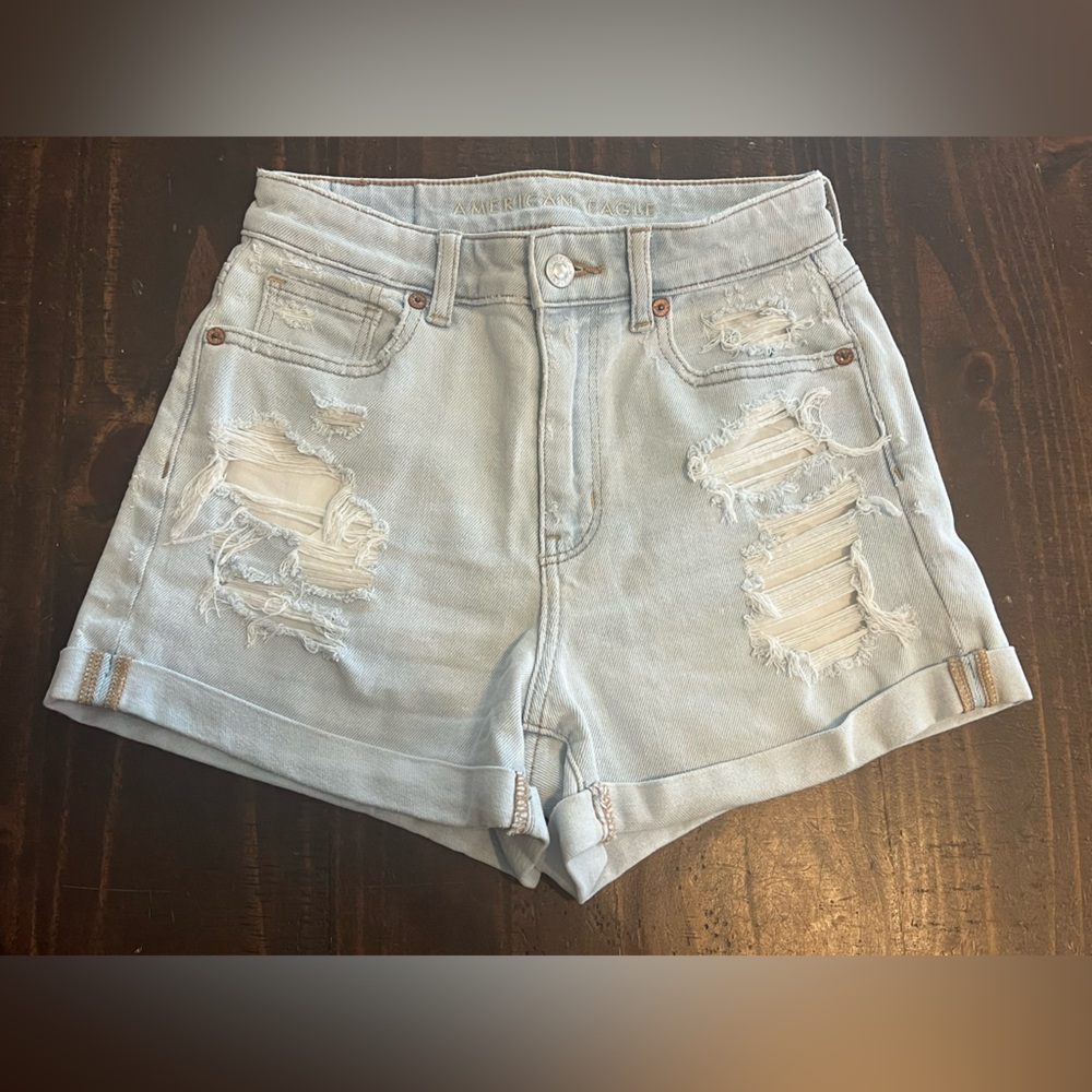 American Eagle Outfitters Blue Distressed Mom Jean Shorts